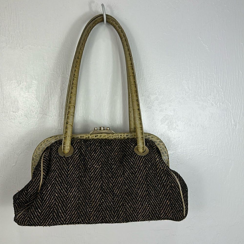 Ann Taylor Vintage Green Herringbone Print Handbag Shoulder Bag